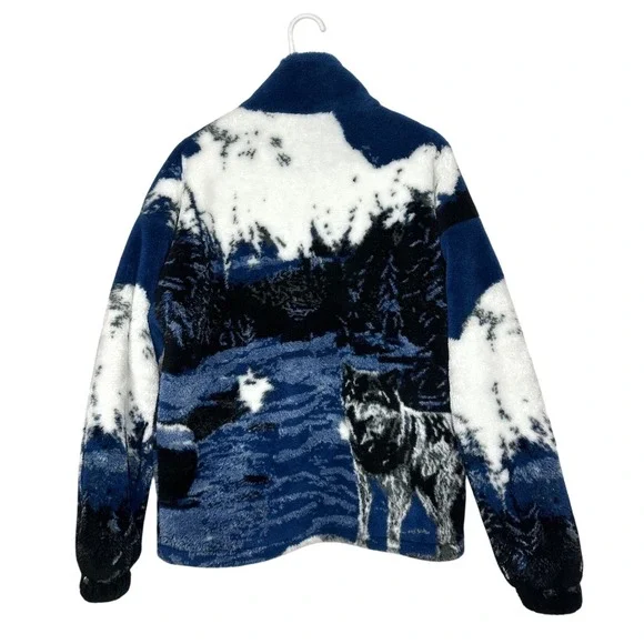 Zara Wolf Landscape Design‎ Borg Teddy Mock Neck Full Zip Fleece Jacket Size M - Picture 3 of 15